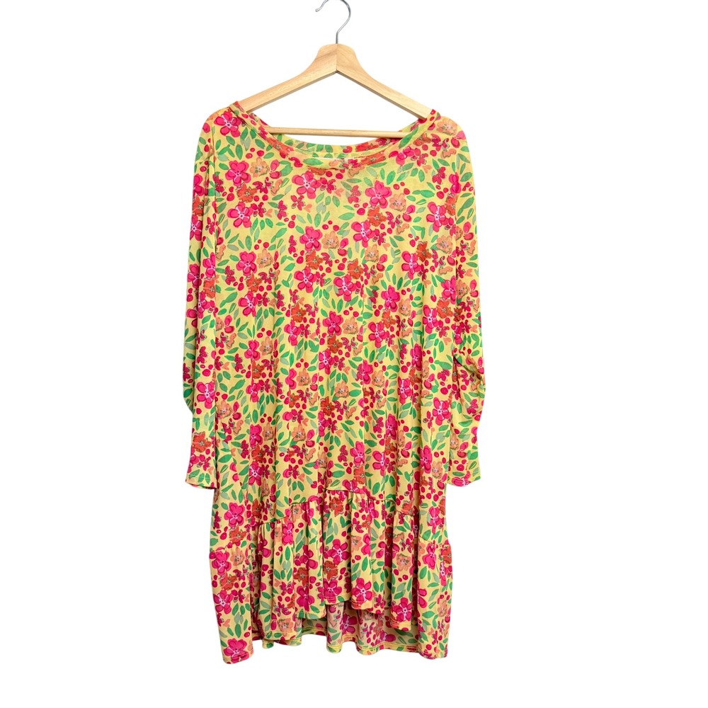 LOGO Layers Lori Goldstein Yellow Pink Floral Mesh Ruffle Tunic Womens 2X